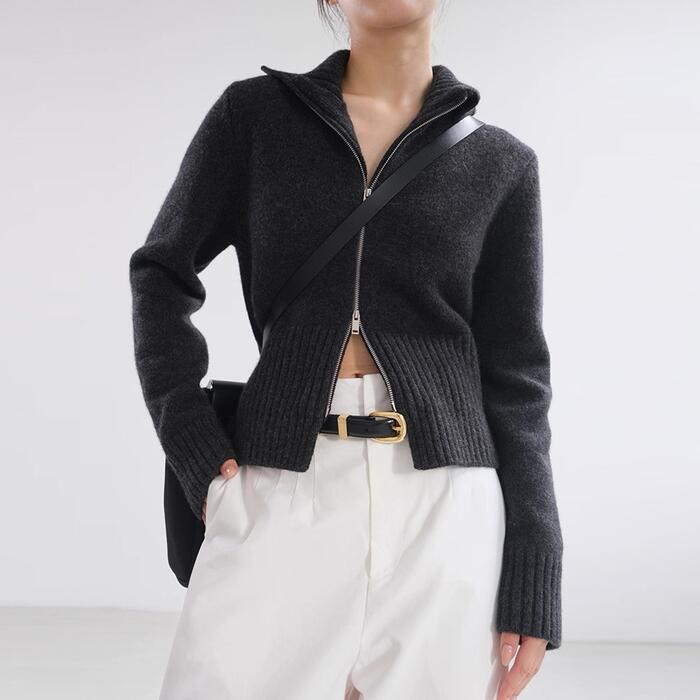 トップス ニット セーター カーディガン レディース きれいめ カジュアル 大人可愛い 春 秋 冬 カシミヤ ジャケット ジップアップ ハイネック 長袖 ショート丈 羽織り グレー ホワイト 白 20代 30代 40代 50代 S M L XL