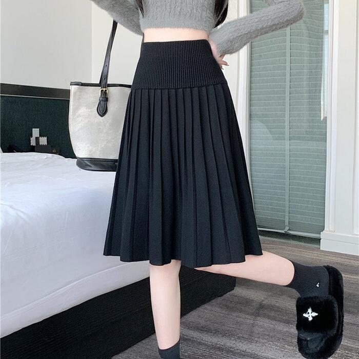 ボトムス スカート レディース きれいめ カジュアル 大人可愛い 春 秋 冬 ニット ひざ丈 プリーツ ハイウエスト ウエストゴム フレア グレー ブラック 黒 20代 30代 40代 50代 M L XL 2XL
