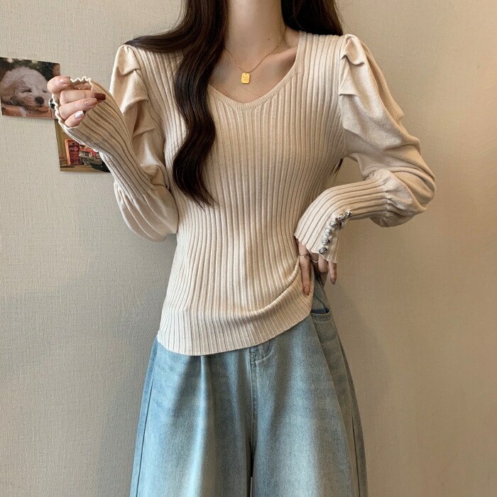 トップス ニット レディース きれいめ カジュアル 大人可愛い 春 秋 冬 長袖 リブ Vネック パワーショルダー パフスリーブ ベージュ ブラック ブラウン 20代 30代 40代 50代 M L XL 2XL 3XL 4XL