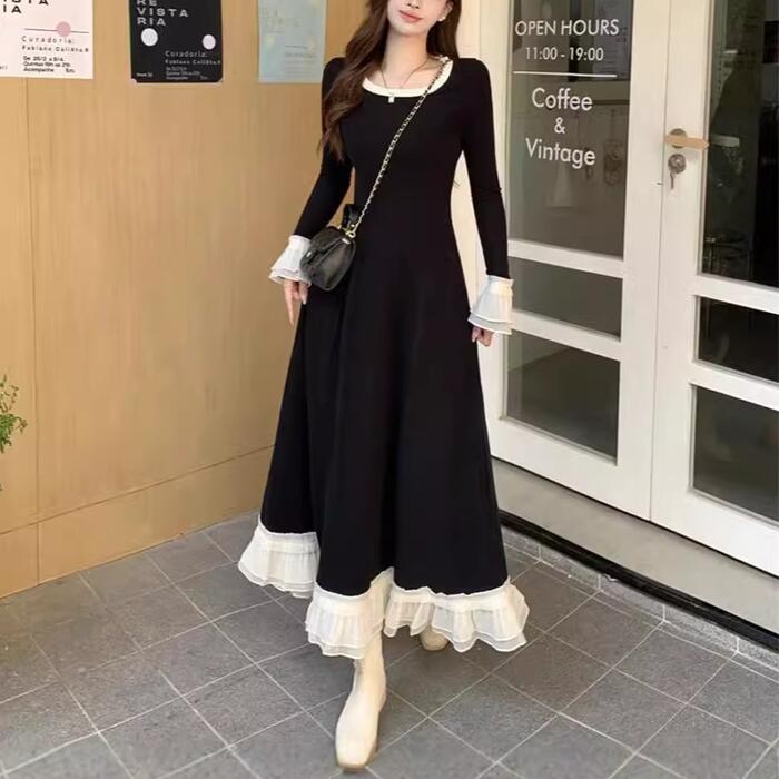 ワンピース ドレス レディース きれいめ カジュアル 大人可愛い 春 秋 冬 長袖 フリル レース ロング丈 Aライン バイカラー 配色 ロングワンピ ブラック 黒 20代 30代 40代 50代 M L XL 2XL 3XL 4XL