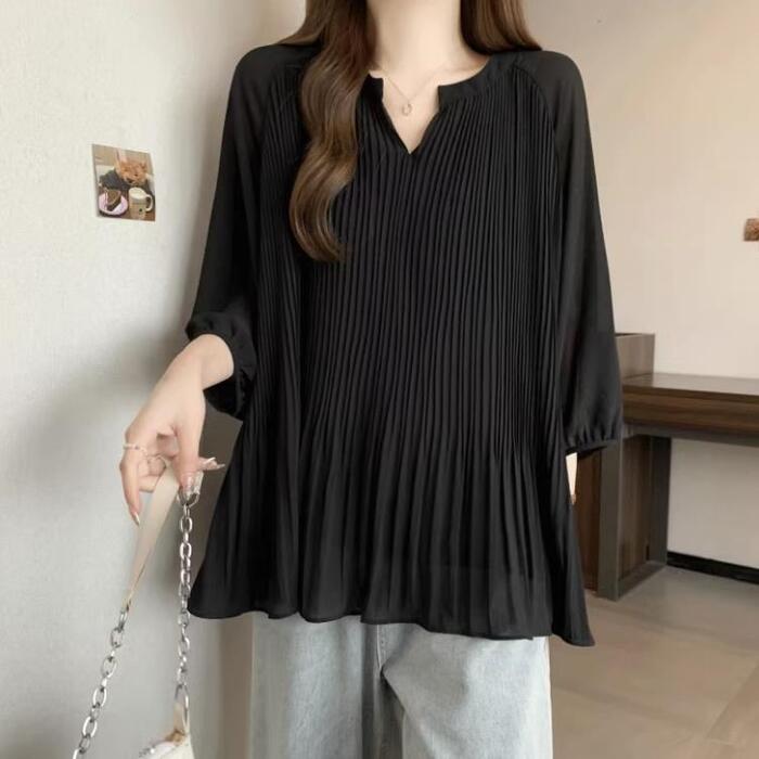 トップス シャツ ブラウス レディース きれいめ カジュアル 大人可愛い 春 夏 秋 キーネック 七分袖 Vネック プリーツ シフォン 無地 透け感 ホワイト 白 ブラック 黒 20代 30代 40代 50代 M L XL 2XL 3XL 4XL