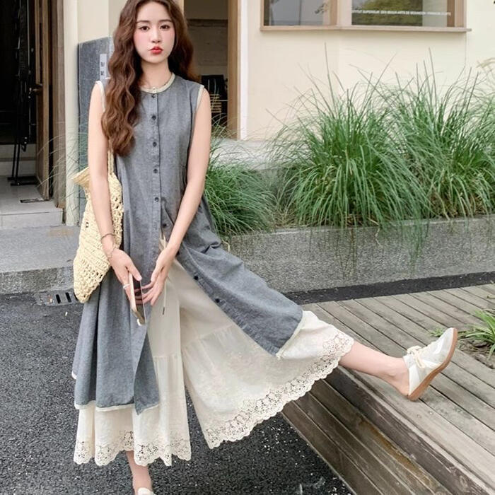 セットアップ ワンピース パンツ 春 夏 秋 レディース きれいめ カジュアル 大人可愛い シャツワンピ チュニック レースパンツ ワイドパンツ ロング丈 ノースリーブ ベージュ グレー 20代 30代 40代 50代 M L XL 2XL