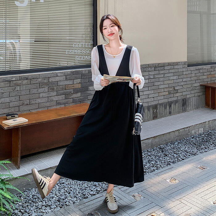 ワンピース ドレス レディース きれいめ カジュアル 大人可愛い 春 秋 夏 フェイクレイヤード 長袖 シアー 透け感 Aライン ドロスト フレア ハイウエスト ロング丈 バイカラー 配色 ブラック 20代 30代 40代 50代 S M L