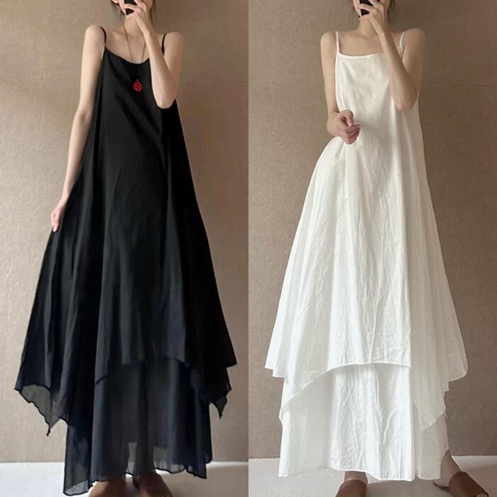 ワンピース ドレス レディース きれいめ カジュアル 大人可愛い 春 秋 夏 ノースリーブ キャミワンピース アシンメトリー Aライン フレア コットン リネン ロング丈 ホワイト 白 ブラック 黒 20代 30代 40代 50代 L XL 2XL