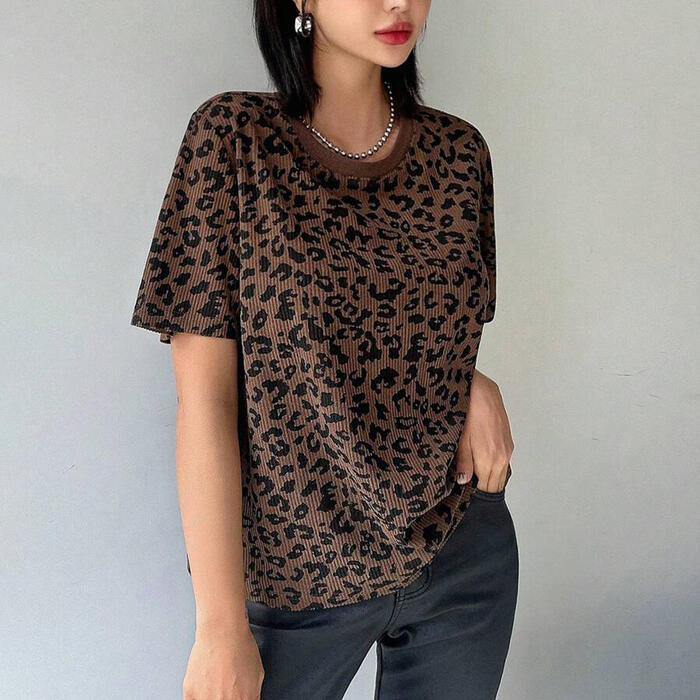 トップス Tシャツ カットソー レディース きれいめ カジュアル 大人可愛い 春 秋 夏 半袖 プルオーバー クルーネック レオパード ヒョウ柄 リブ ブラウン ベージュ ピンク 20代 30代 40代 50代 S M L XL