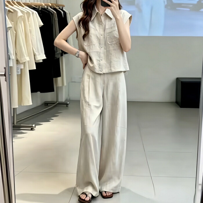 セットアップ シャツ パンツ レディース 春 秋 夏 カジュアル 大人可愛い 半袖 フレンチスリーブ ロングパンツ リネン混 ブラウス ウエストゴム ベージュ 20代 30代 40代 50代 M L XL|Like Fashion