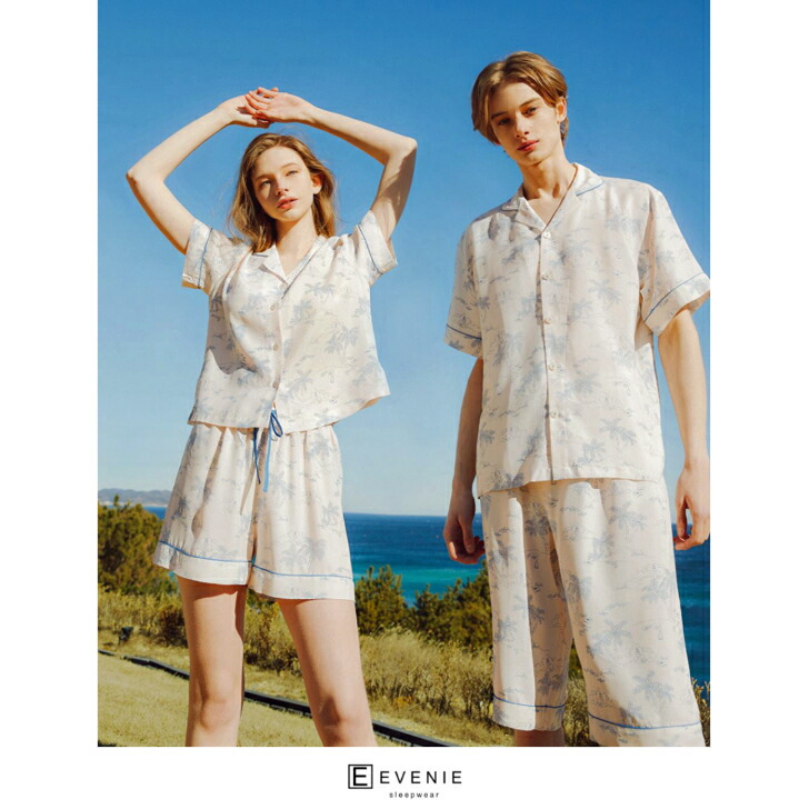 レディース アロハ柄 半袖シャツ 短パン Set 水色 ラウンジウェア ペアパジャマ 韓国 人気 ブランド ルームウェア レディース 部屋着 おしゃれ 上下 セット リラックス プレゼント ナイトウエア 記念日 カップル ペア ギフト 春物 オルチャンファッション レーヨン