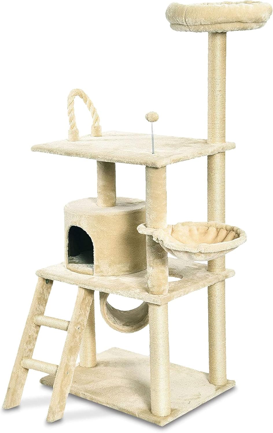 【AMAZONベーシック】キャットタワー 多頭飼い 据え置き 木製 天然サイザル麻使用 省スペース (65長さ x 49幅 x 153高さ cm)