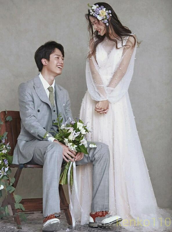 ウェディングドレス 結婚式 ロングドレス 可愛い ふわふわスカート お嫁さんシンプル 海外挙式ドレス 二次会 着痩せ パーティードレス パール付きドレス きれいめ エレガント デート 食事?