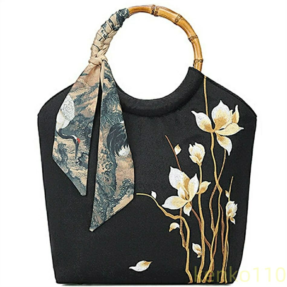 【送料無料】刺繍竹柄ハンドバッグレディース女性ブラックお洒落ファッション中華風チャイナドレスハンドバッグ宴会ハンドバッグフリンジハンドバッグ大容量黒