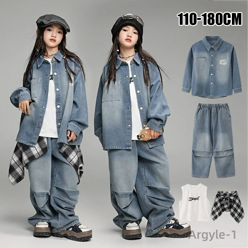 【送料無料】子供 デニムセットアップ キッズ ダンス衣装 シャツ 子供服 長袖 コート ロングパンツ デニム ヒップホップ トップス 女の子｜雑貨専門店ライキー　店