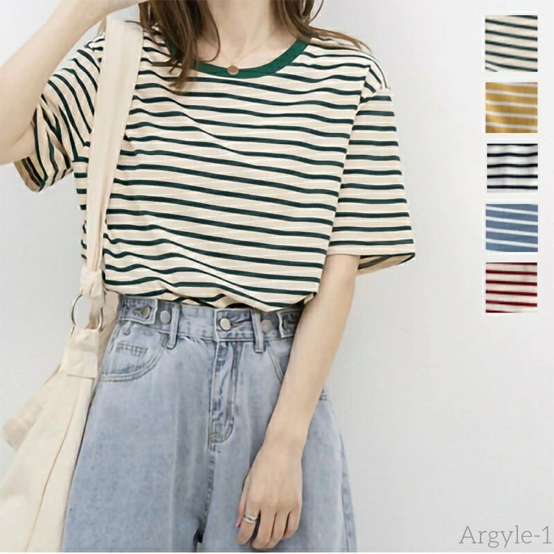 【送料無料】ライプTシャツ レディース半袖Tシャツ 夏用 薄手 ストライプ 綿100% ゆったりオーバーサイズ グリーン カジュアルトップス 女性