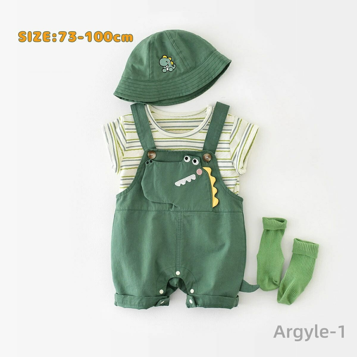 【送料無料】セットアップ 夏服 半袖 恐竜モチーフ オーバーオール 新生児 幼児 2点セット 男の子 女の子 中性用 韓国風 可愛い ストライプ柄