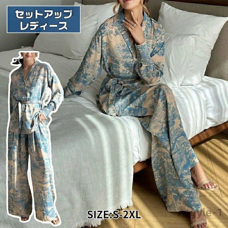 【送料無料】セットアップ 長袖シャツ ワイドパンツ 上下セット 花柄 プリント フランス風 ハイウエスト 着痩せ ゆったり おしゃれ 2023夏新