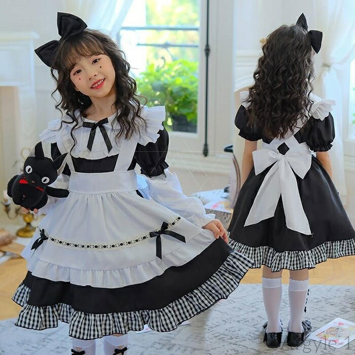 【送料無料】ハロウィン 衣装 子供 女の子 アリス衣装 ドレス 子供コスチューム 衣装 ブラック ハロウィン 仮装 エプロン キッズ 子ども お姫様 服 リボン カチューシャ｜雑貨専門店ライキー　店