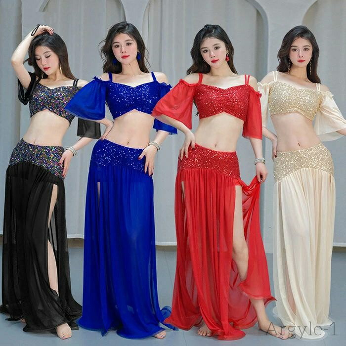 【送料無料】ベリーダンス 衣装 スパンコール キラキラ おしゃれ 発表会 衣装 セクシー ベリーダンス衣装 伸縮性生地 総スパンコール メッシュ スリット入り スカート