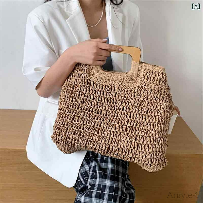 【貨物輸送無料】レディース 御徒面子 普段使い走り レトロ 手織り 木 携帯型大収容能力 ファスナー 麦わら はたご屋 海岸地帯 ひと休み 砂浜 A：カーキ-B：ベージュ