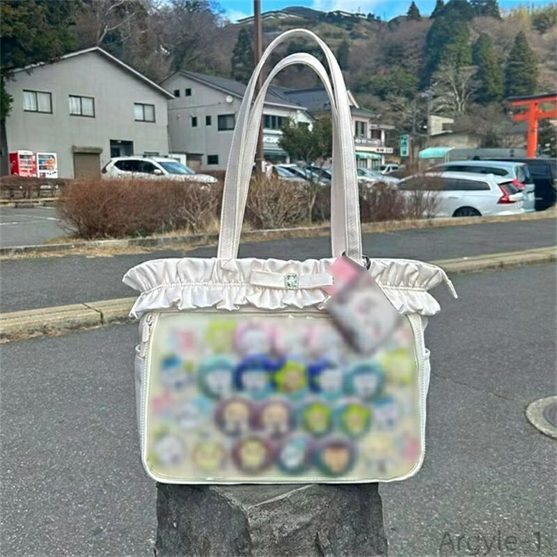 【送料無料】ぬいぐるみ 可愛い リボン フリル 大きめ ファスナー付き 透明 バック トートバッグ 白/黒/水色/ピンク a4
