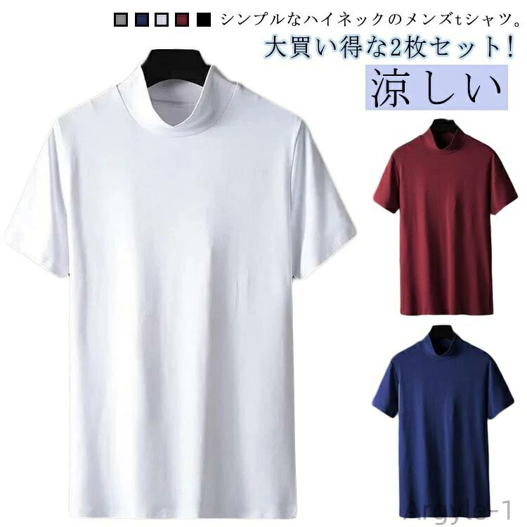 【送料無料】ハイネック tシャツ 冷感　ゴルフウェア メンズ 半袖 ゴルフtシャツ　無地tシャツ モックネック　春 夏 ティーシャツ トップス　半袖tシャツ シンプル