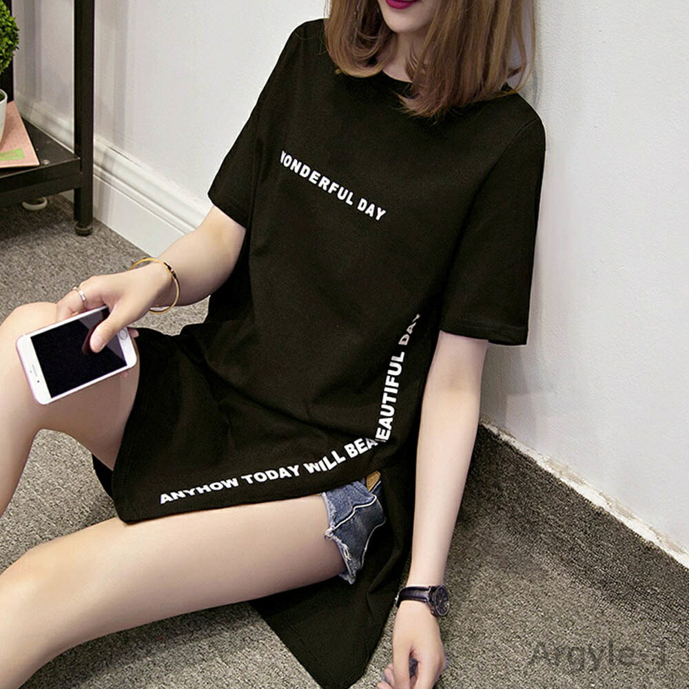 【送料無料】おしゃれ プリント 韓国夏服 体型カバーカットソー ロング丈Tシャツ サイドスリット tシャツ チュニック 半袖カジュアル