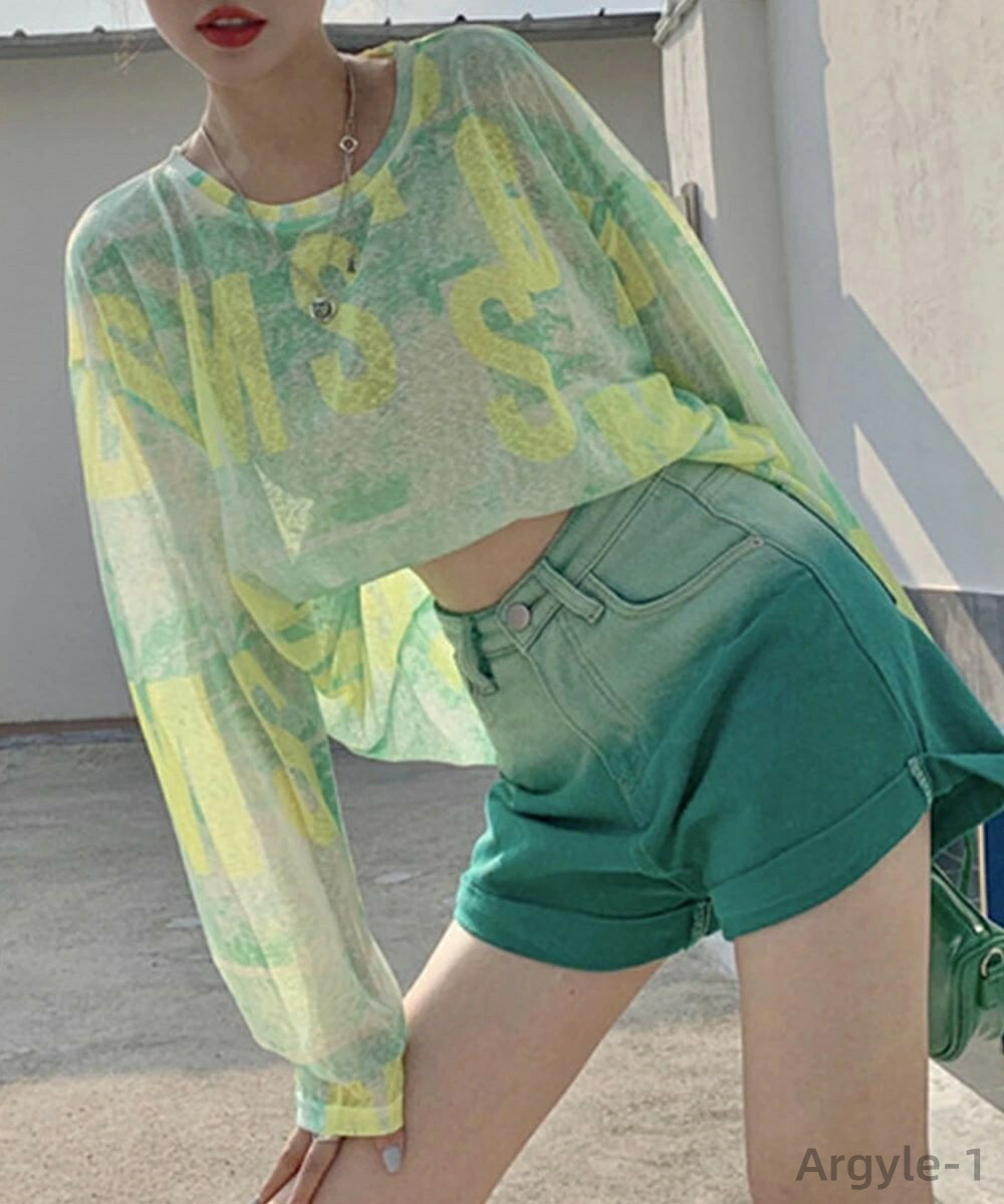 【送料無料】クルーネックtシャツ 肌見せ セクシー 重ね着 英文字ロゴトップス プルオーバー 透け感 ムラ染めTシャツ