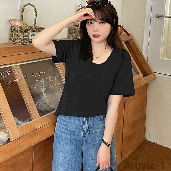【送料無料】ワイドスリーブ クロップド丈 コンパクト シンプル Tシャツ コットンリブ Uネック 半袖 レディース