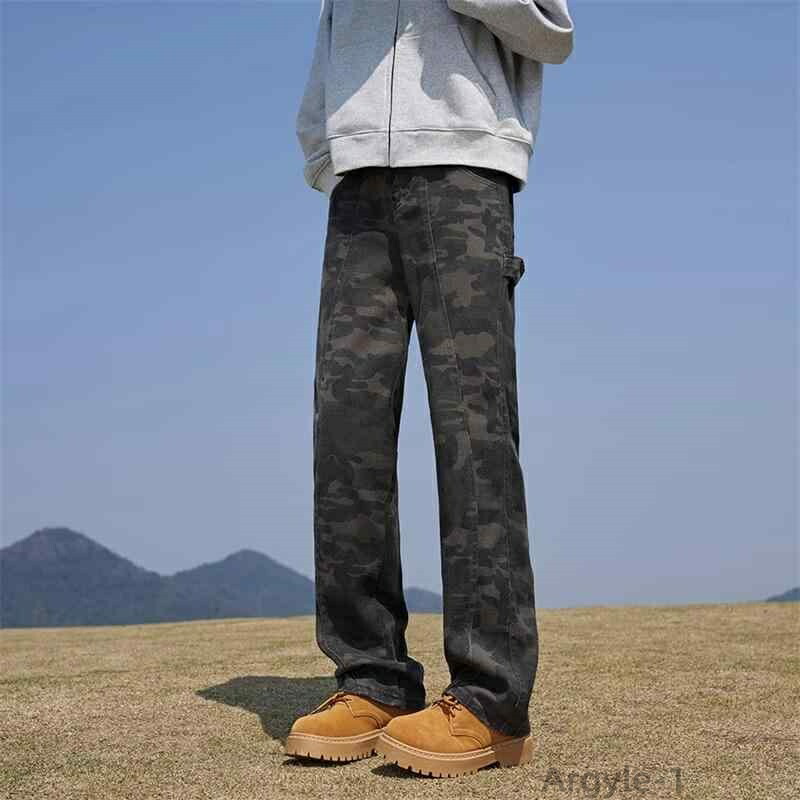 【送料無料】デニムパンツ メンズ 春夏 薄手 軽量 丈夫 ゆったり ストレート 股上普通 アメカジ ストリート カジュアル ワーク カーゴポケット ロング 迷彩柄 ブラック