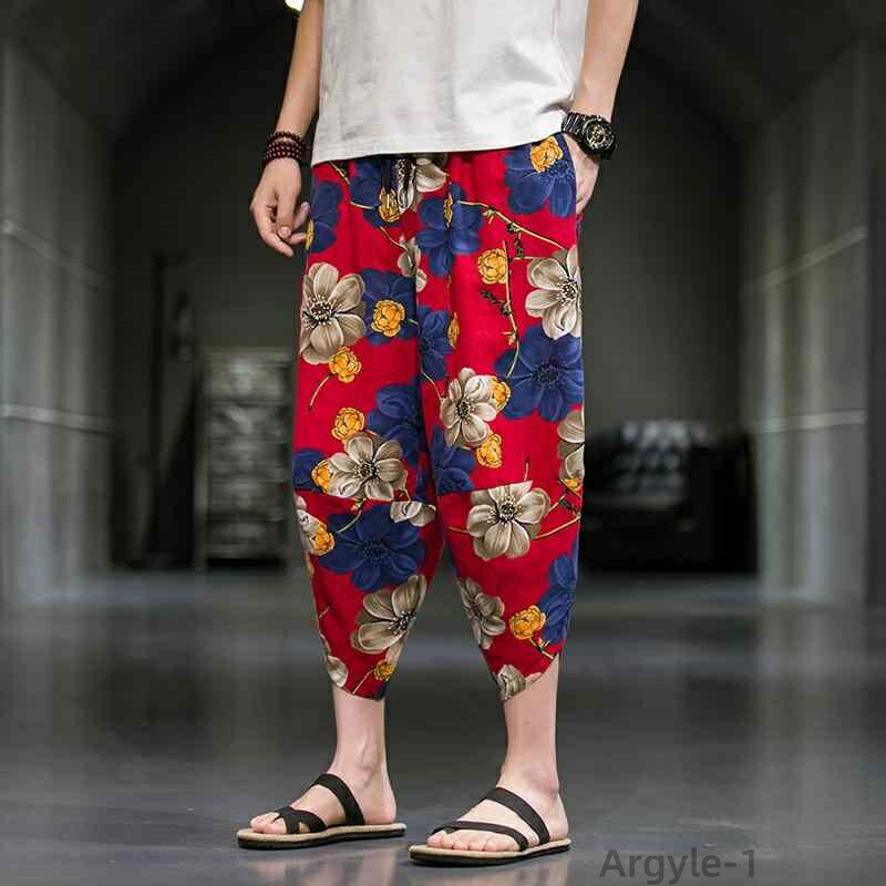 【送料無料】パンツ メンズ 綿麻 七分丈 クロップド サルエルパンツ ゆったり テーパード 薄手 軽量 中国風 プリント柄 カジュアルでくつろげる 普段使い 春夏