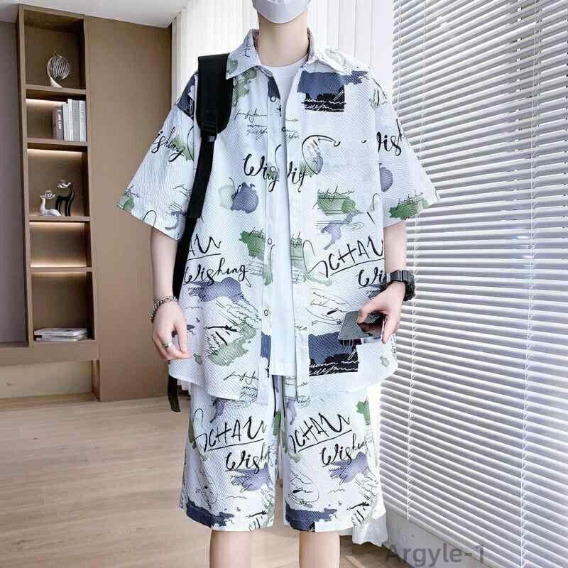 【送料無料】シャツ メンズ 小花柄 ショートパンツ セットアップ 上下セット 夏物 接触冷感 ひんやり 軽量 吸湿速乾 ポリエステル カジュアル 普段使い レジャー リラックス