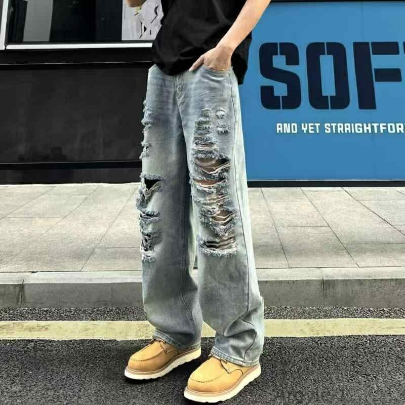【送料無料】デニムパンツ メンズ ゆったり ストレート ジーンズ ダメージ加工 フリンジ 切りっぱなし 青 股上普通 春夏 アメリカンレトロ アメカジ 普段使い カジュアル 綿