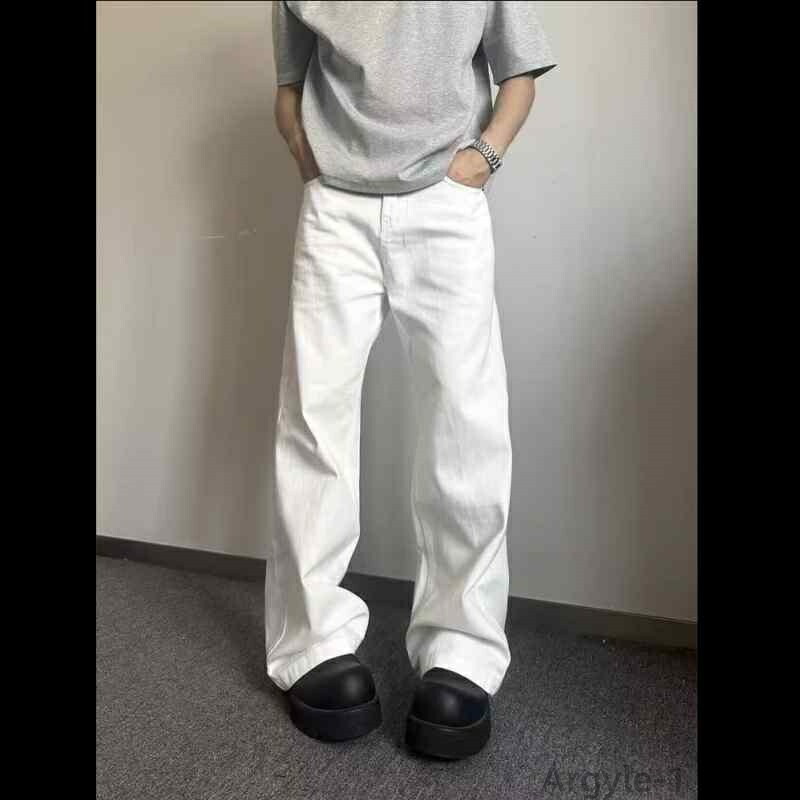 【送料無料】デニムパンツ メンズ ホワイト ゆったり ストレート ワイド ロング丈 高級感 綿 ウォッシュ加工 丈夫で長持ち 春秋 カジュアル