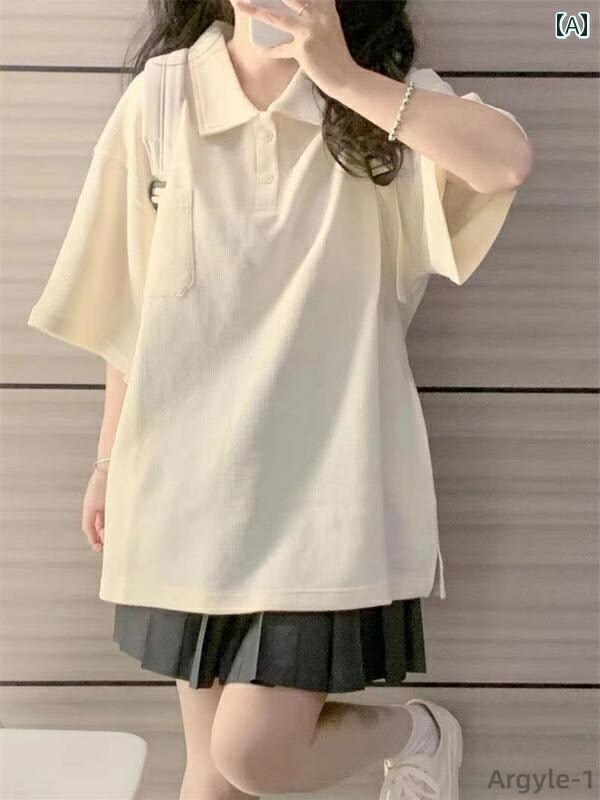 【送料無料】ポロシャツ レディース アメリカ レトロ 半袖 Tシャツ 夏 ゆったり トップス コットン ベージュ