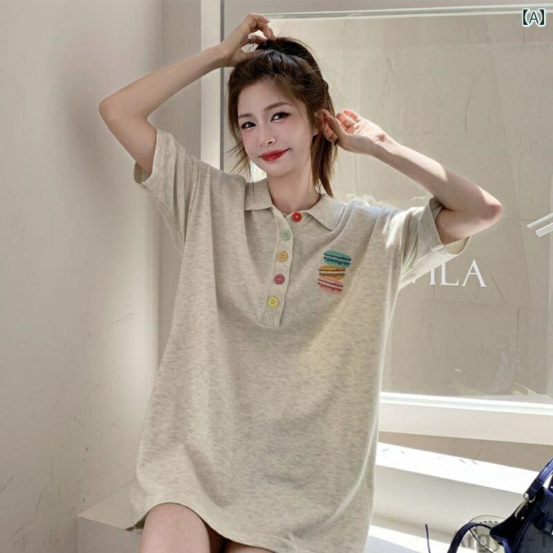 【送料無料】ポロシャツ レディース 半袖 Tシャツ 夏 カジュアル カレッジ トップス コットン ゆったり グレー|雑貨専門店ライキー 店