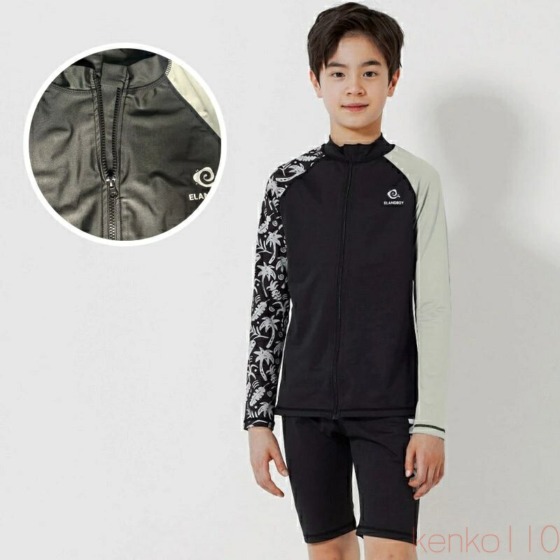【送料無料】子供 水着 男の子 セット セットアップ ジッパー 長袖トップス ロングパンツ black 半袖 ラッシュガード キッズ 140 150 160 中学生 男子 小学生 子供用フィット