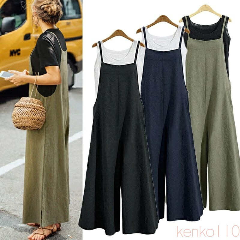 【送料無料】サロペット ワイド 無地 レディース 夏 パンツ レディース サロペット 夏 春秋 S M L LL 3L 4L 5L 6L 黒 灰色 紺 緑 パンツ レディース ボトムス 大きいサイズ 2