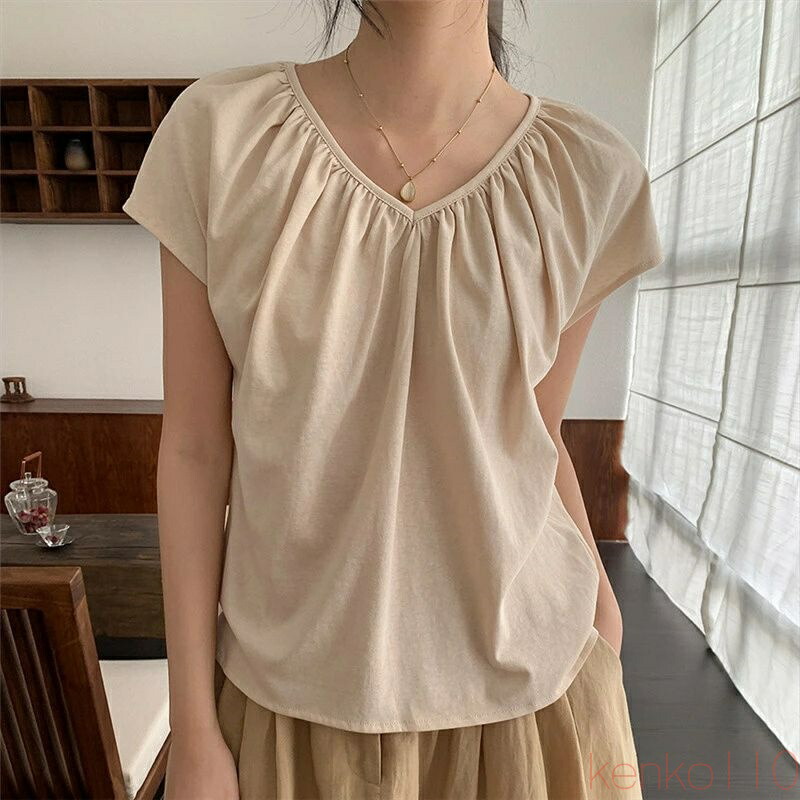 【送料無料】tシャツ レディース 半袖 夏 無地 シンプル カジュアル Vネック トップス ゆったり ブラウス プリーツ フレンチスリーブ ブランド 大人 かわいい 大きい 吸汗速