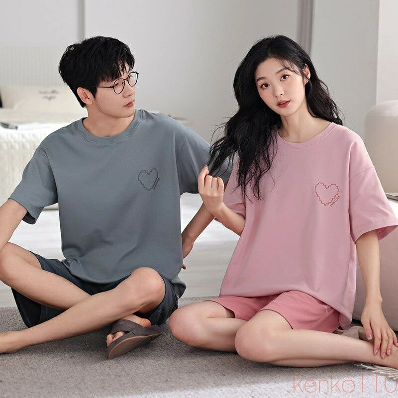 【送料無料】ペア パジャマ 半袖 夏 男女2着 セット 春 ハート uネック 大きいサイズ セットアップ 綿100％ 薄手 ルームウェア ショートパンツ 高級 カップル 春夏 ペアパジ