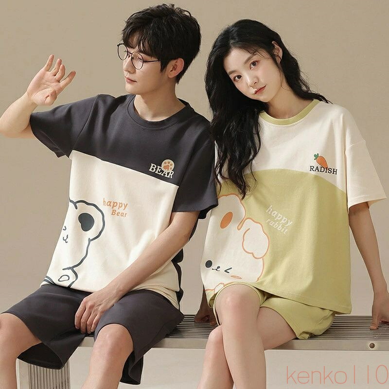 【送料無料】ペア パジャマ 半袖 夏 綿100% 男女2着 セット クマ うさぎ パッチワークスタイル セットアップ ルームウェア 半袖トップス ショートパンツ 高級 カップル 春夏