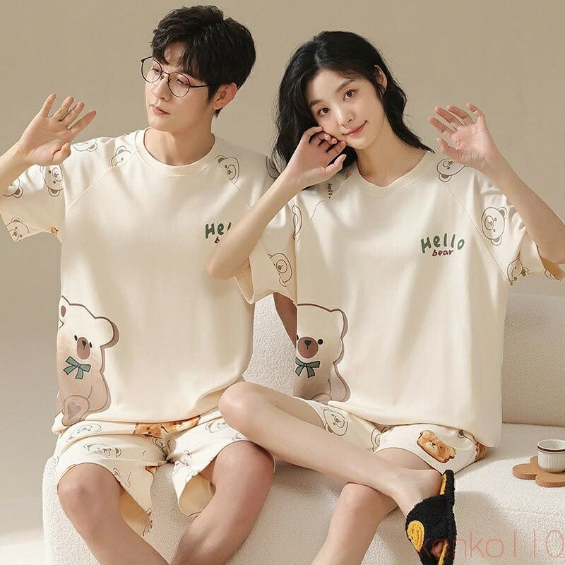 【送料無料】ペア パジャマ 半袖 夏 綿100% 男女2着 セット クマ 可愛い シンプル セットアップ ルームウェア 半袖トップス ショートパンツ 高級 カップル 春夏 ペアパジャマ