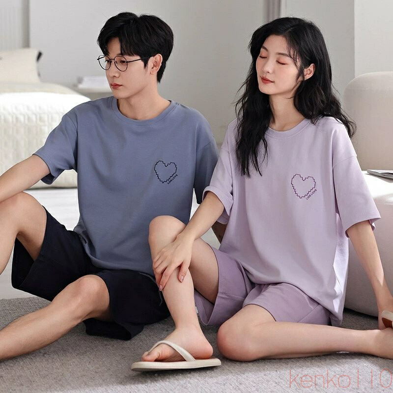 【送料無料】ペア パジャマ 半袖 夏 男女2着 セット 春 ハート uネック 大きいサイズ セットアップ 綿100% 薄手 ルームウェア 半袖トップス ショートパンツ 高級 カップル|雑貨専門店ライキー 店