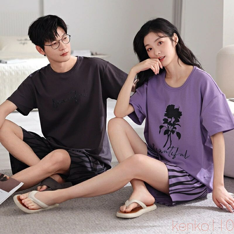 【送料無料】ペア パジャマ 半袖 夏 男女2着 セット 春 カジュアル フラワー uネック 大きいサイズ セットアップ シンプル 綿100％ 薄手 ルームウェア 高級 カップル 春夏 ペ