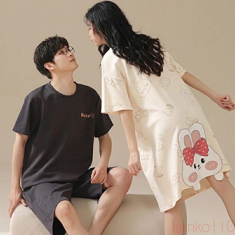 【送料無料】ペア パジャマ 半袖 夏 綿100% 男女2着 セット 可愛い 柔らかい ゆったり セットアップ カップル ネグリジェ ルームウェア 高級 春夏 ペアパジャマ 結婚祝い プ|雑貨専門店ライキー 店
