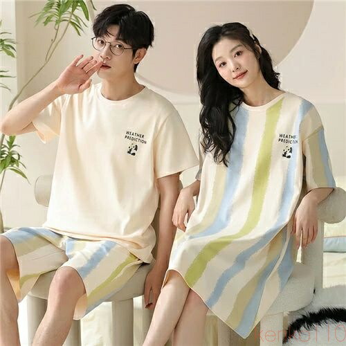 【送料無料】ペア パジャマ 半袖 夏 男女2着 セット メンズ ルームウェア パジャマ 春夏 レディース ワンピース 綿100% ペアパジャマ ギフト おしゃれ カップル ペア 結婚祝|雑貨専門店ライキー 店