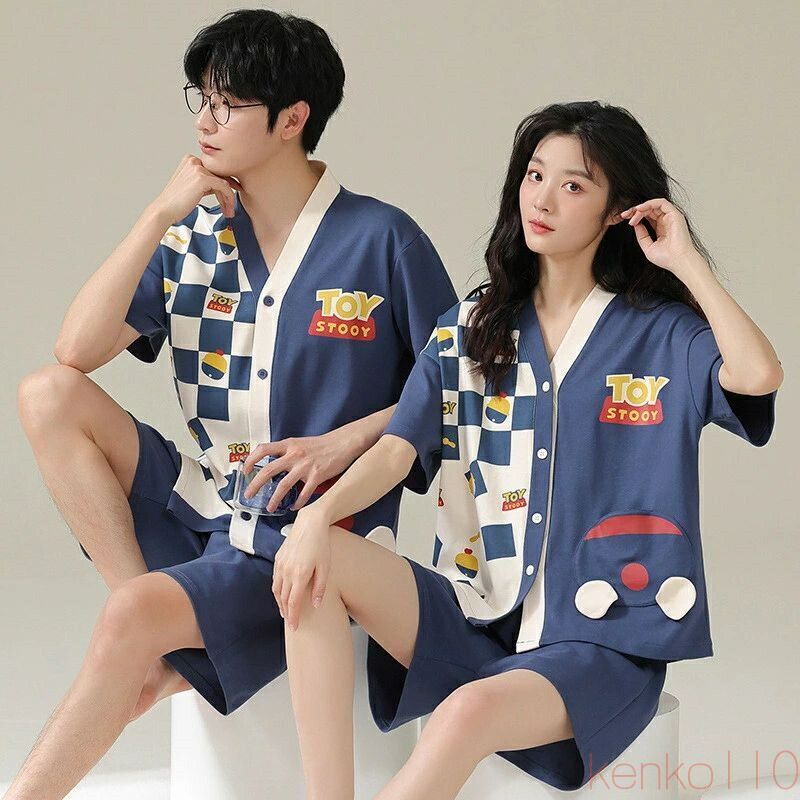 【送料無料】ペア パジャマ 半袖 夏 綿100% 男女2着 セット チェック 可愛い アニメ セットアップ 前開き ルームウェア 半袖トップス ショートパンツ 高級 カップル 春夏 ペ|雑貨専門店ライキー 店