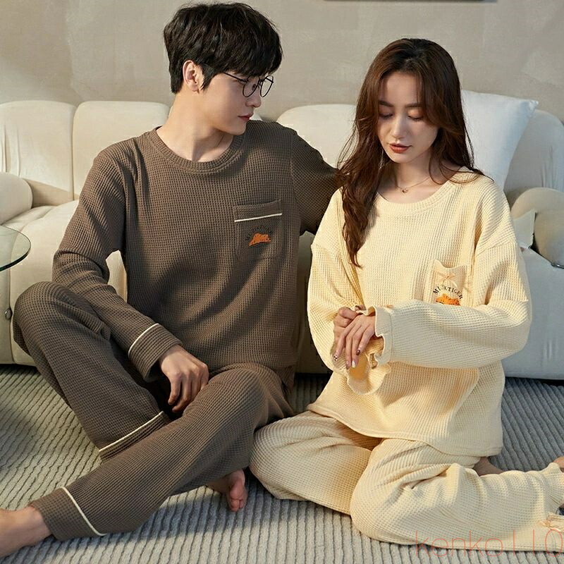 【送料無料】ペア パジャマ 長袖 男女2着 セット 無地 カジュアル アニメ かわいい 大きいサイズ カップル 春 秋 コットン ルームウェア クルーネック ワッフル生地 冬 ペア|雑貨専門店ライキー 店