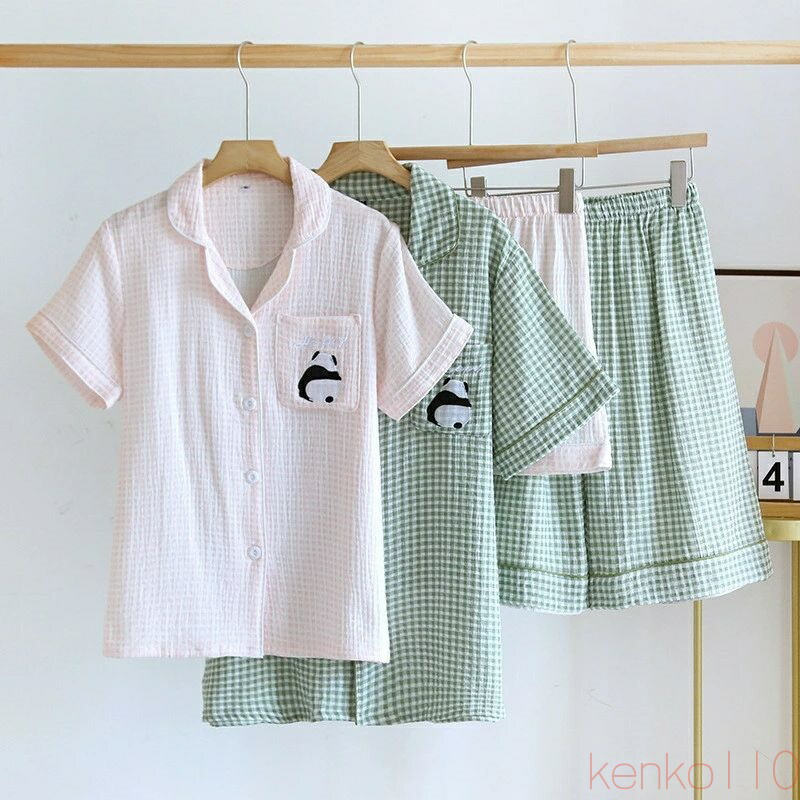 【送料無料】ペア パジャマ 半袖 夏 男女2着 セット 春 パンダ チェック 可愛い セットアップ カップル ギンガムチェック コットン シンプル 薄手 ルームウェア 高級 春夏 ペ|雑貨専門店ライキー 店
