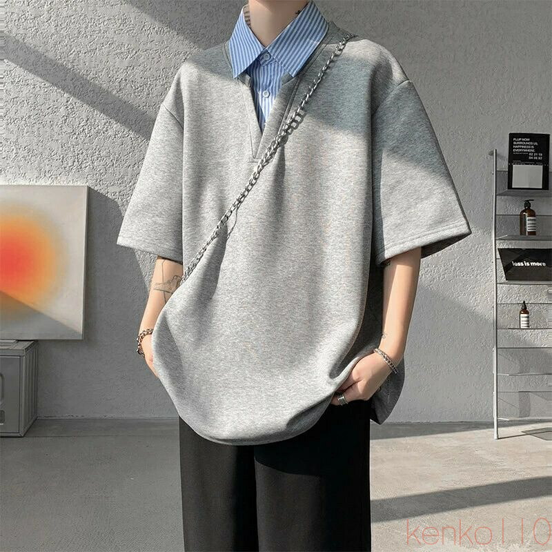 【送料無料】tシャツ 半袖 メンズ ブランド ポロシャツ シンプル カジュアル ゆったり 夏 つなぎ 服 重ね着レイヤード シャツ衿 大きい 吸汗速乾 韓国 高校生 ファッション