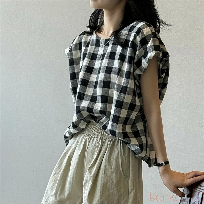 【送料無料】tシャツ レディース 半袖 夏 チェック シンプル カジュアル トップス uネック レトロ ゆったり ノースリーブ ギンガムチェック ストリートコーデ 高級 ブランド