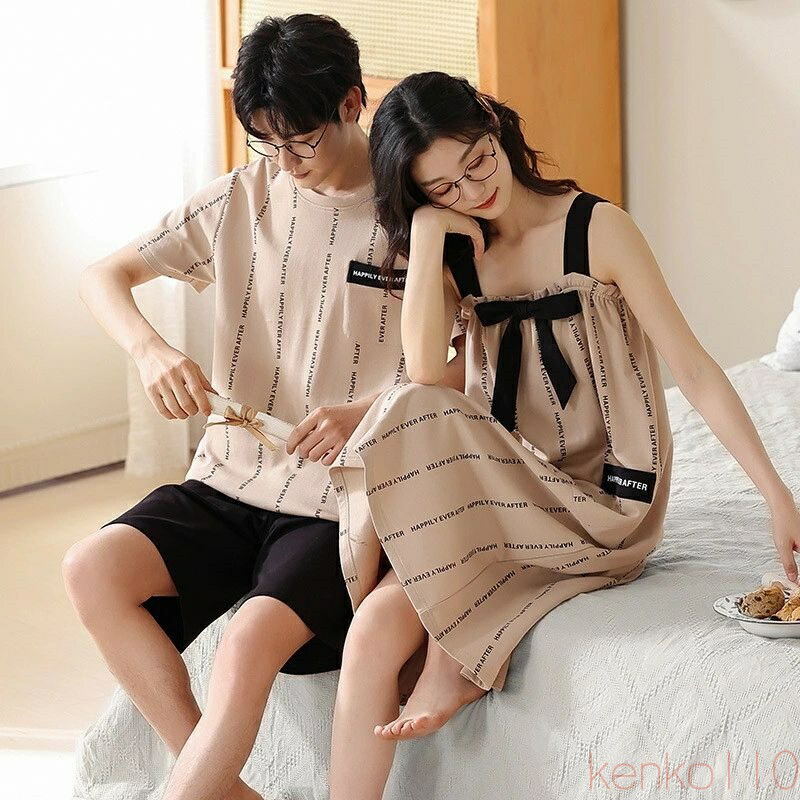 【送料無料】ペア パジャマ 半袖 夏 綿100% 男女2着 セット リボン ゆったり 可愛い 春 大きいサイズ セットアップ カップル ネグリジェ 薄手 ルームウェア 高級 春夏 ペアパ｜雑貨専門店ライキー　店