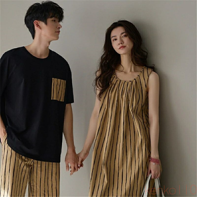 【送料無料】ペア パジャマ 半袖 夏 男女2着 セット 春 ストライプ ゆったり シンプル 涼しい 綿 ワンピース カジュアル カップル 柔らかい タンキニ ルームウェア 高級 春夏|雑貨専門店ライキー 店
